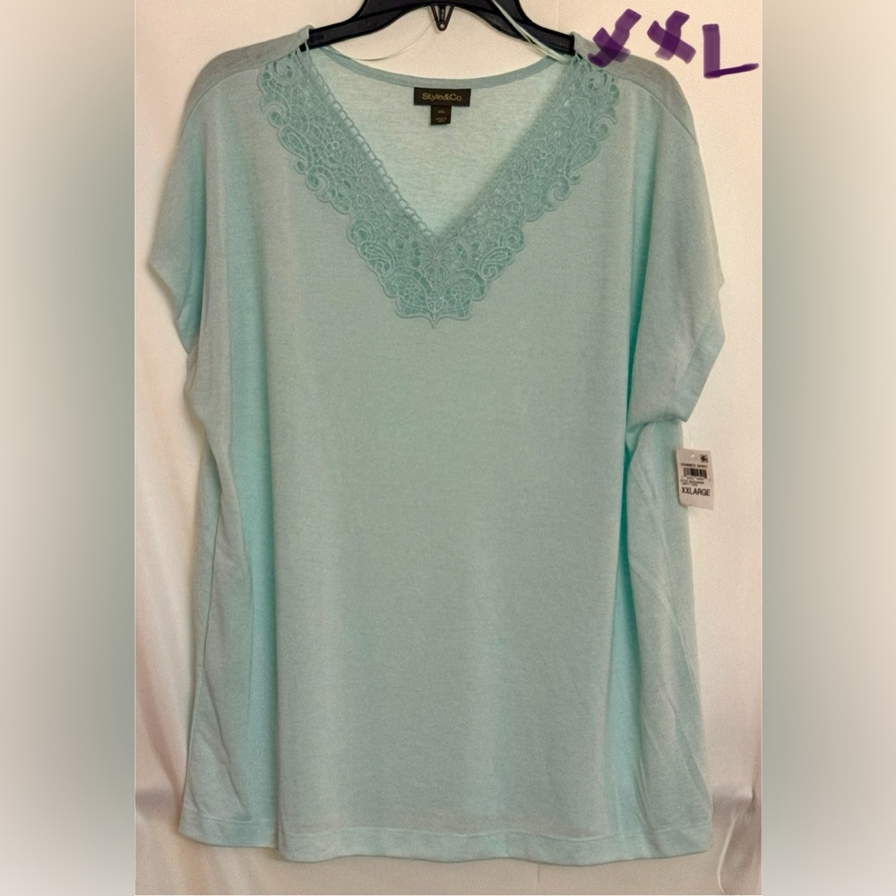Style & Co. Light Blue Lace Trim Top
